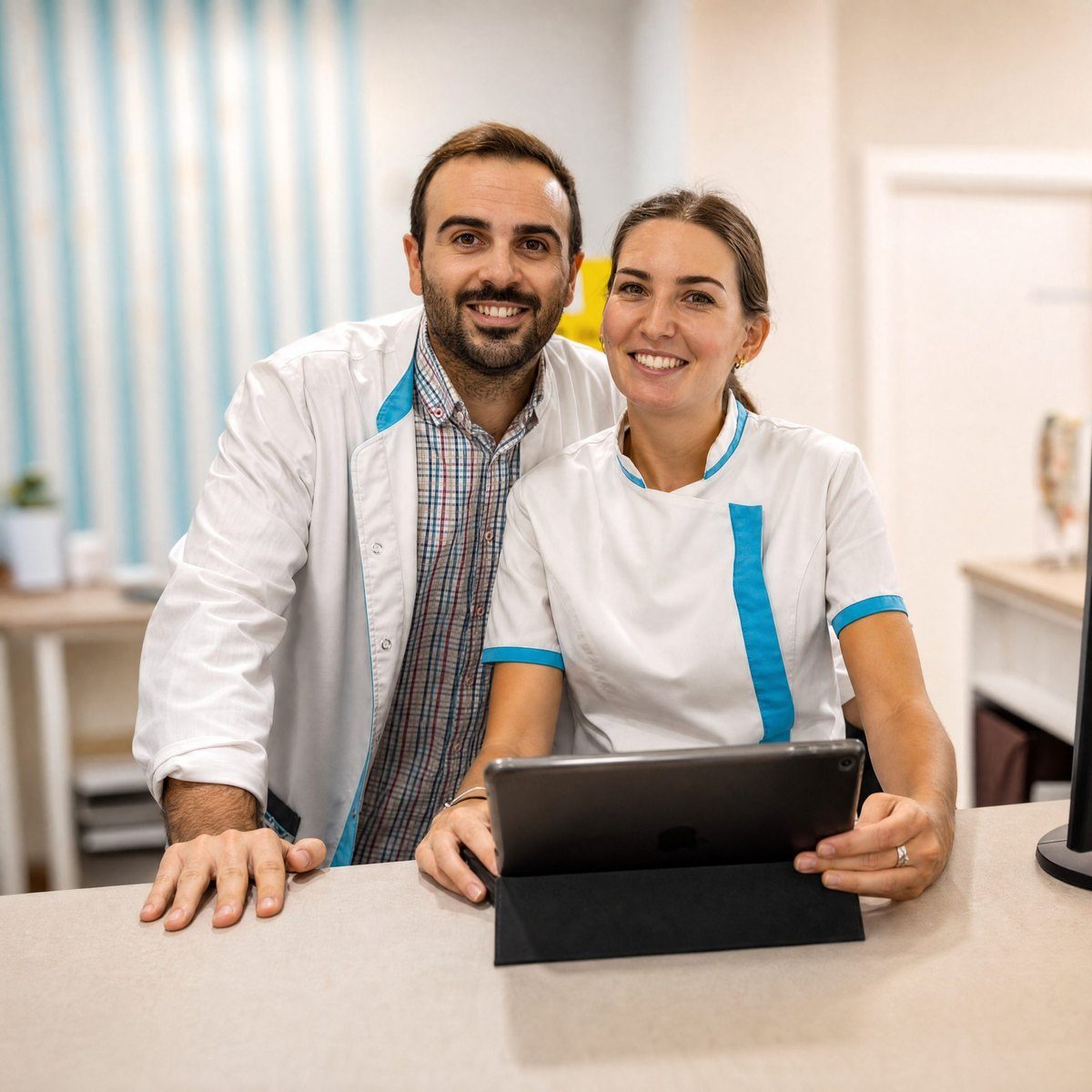 Pablo y Cristina, ópticos de Albarracín, atendiendo en su óptica de Cádiz